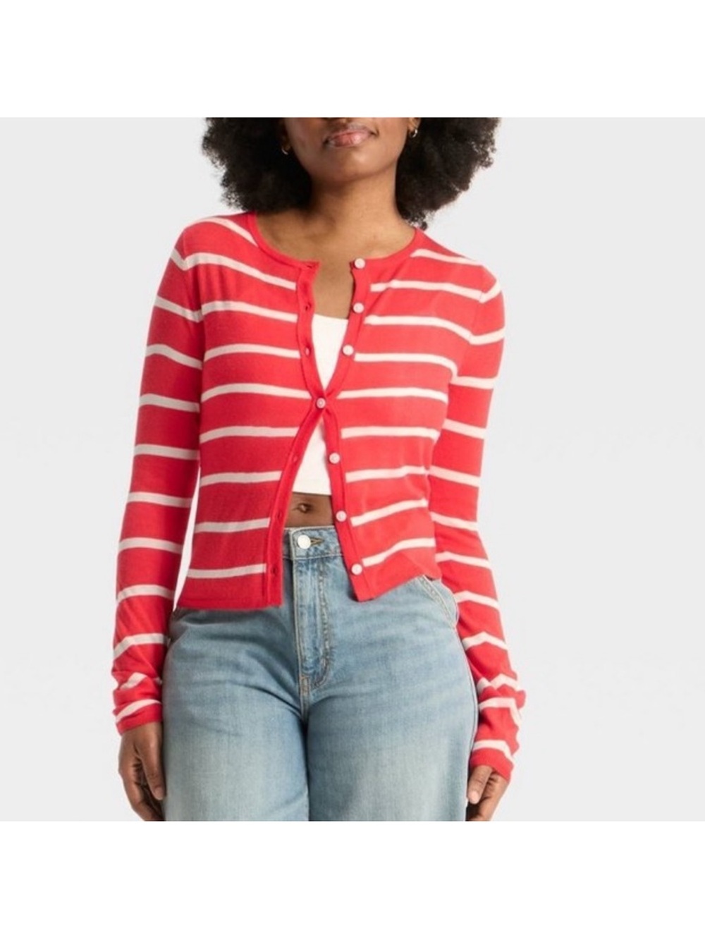NWT Wild Fable Women's Featherweight Cardigan Sweater Red White Striped Small